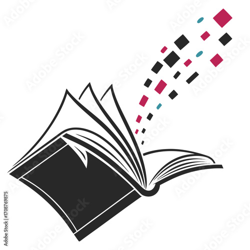 An open book with pages fanning out and transforming into a stream of colorful squares and rectangles symbolizing knowledge and creativity