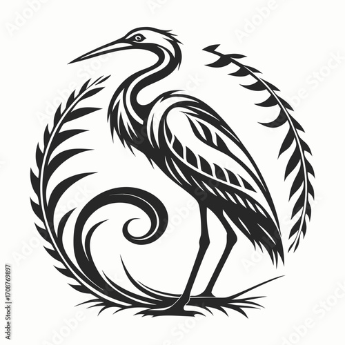 Elegant black and white tribal style illustration of a heron bird standing gracefully within a circular floral design featuring leaves and a swirling tail motif