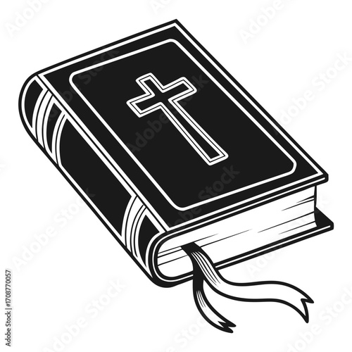 A stylized black and white illustration of a closed holy bible with a cross emblem on its cover and a ribbon bookmark extending from its pages