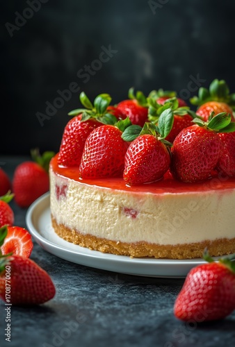 Delicious Strawberry Cheesecake Served on a White Plate With Fresh Strawberri...