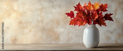 Colorful Autumn Leaves in a White Vase Against a Textured Background.