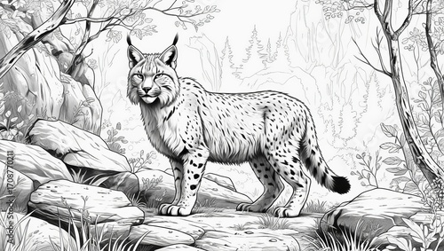 Lynx stands on rocks in a forest during the day surrounded by trees and plants