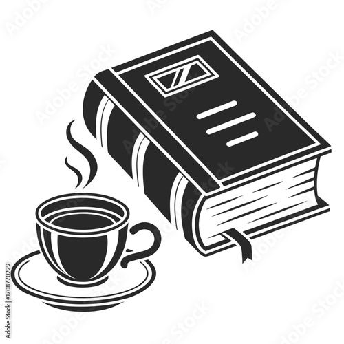A steaming cup of coffee sits beside a thick closed book with a bookmark representing relaxation and learning