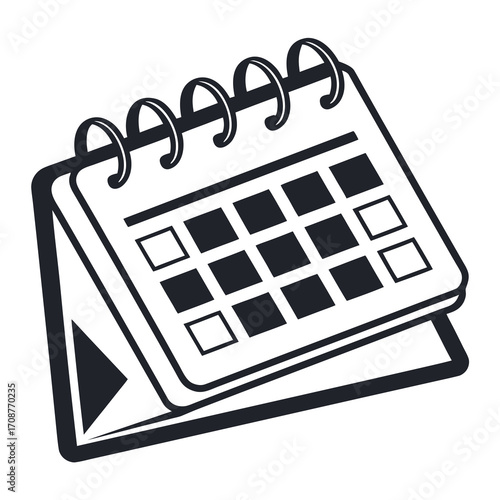 A minimalist black and white illustration of a desk calendar with a spiral binding and a grid of squares representing days