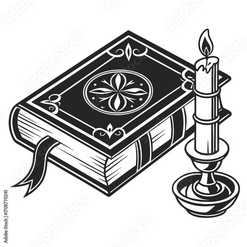 A vintage black and white illustration of an open book with a bookmark next to a burning candle in a candlestick symbolizing knowledge and mystery