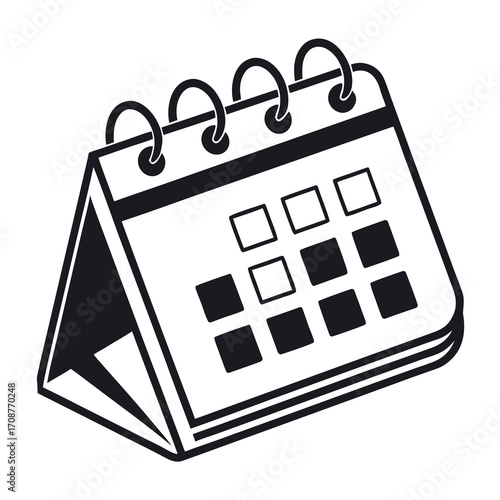 Simple black and white graphic illustration of a desk calendar with spiral binding and a grid of squares representing days