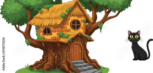 Cartoon tree house with stone stairs and wooden door, black cat sitting nearby, fantasy nature scene, kids storybook illustration vector art