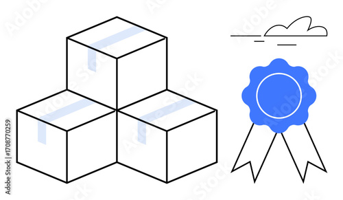 Three stacked boxes with a quality badge and a cloud outline. Ideal for logistics, shipping, packaging, delivery, quality assurance, business reliability, product branding. Simple flat metaphor