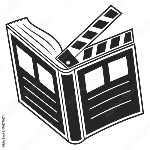 An open book with a clapperboard on top symbolizing the transition from literature to film or the adaptation of stories into movies