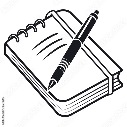 A black and white illustration of a spiral bound notebook with a pen resting on its pages symbolizing writing and note taking