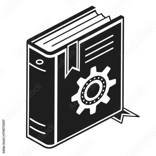 Technical manual or engineering textbook with a gear symbol on the cover and a bookmark representing knowledge innovation and industrial processes