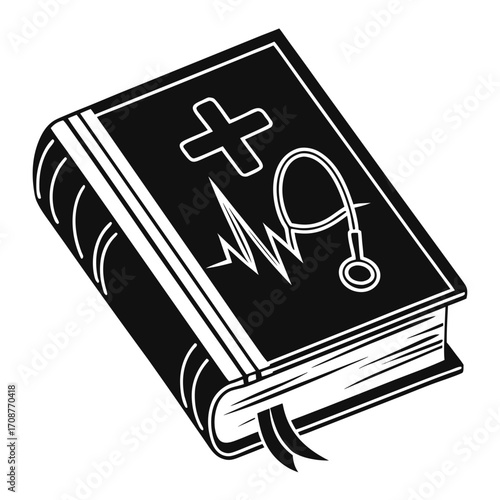 A black and white illustration of a medical textbook featuring a stethoscope a heartbeat line and a cross symbol on its cover representing healthcare knowledge and study