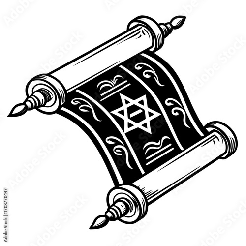A black and white illustration of an open torah scroll with the star of david prominently displayed on the parchment symbolizing jewish heritage and religious texts