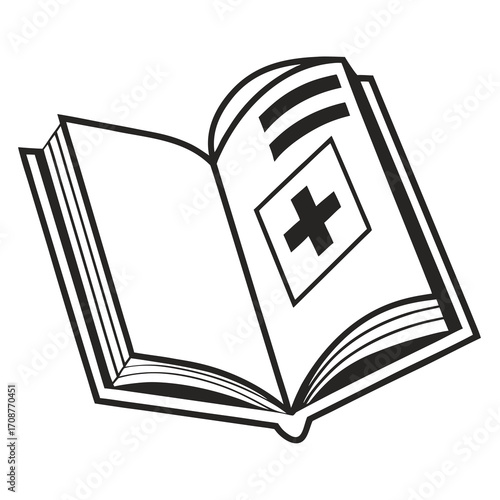 An open book with a medical cross symbol on one page representing healthcare information medical knowledge or a guide to wellness