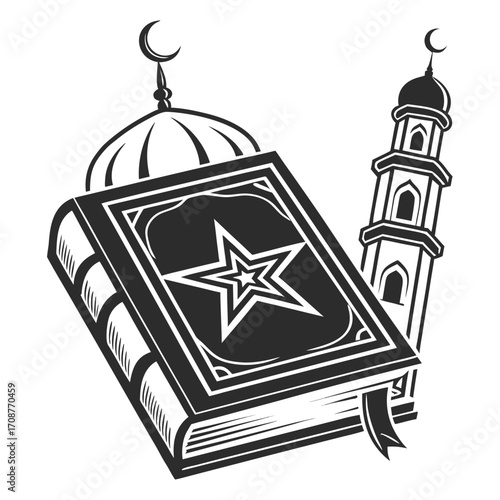 Islamic holy book the quran with a mosque dome and minaret representing faith and religious architecture perfect for islamic culture and celebrations