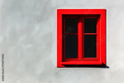 Bright Red Window Frame Against a Light-Colored Wall in an Urban Setting