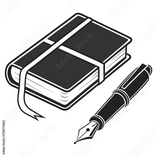A classic black and white illustration of a closed book with a ribbon bookmark next to a fountain pen symbolizing writing and knowledge