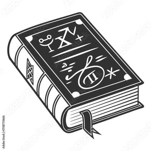 An ancient mystical book with arcane symbols and a ribbon bookmark rendered in a classic black and white illustration style perfect for fantasy or occult themes