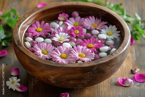 Colorful Bowl Filled With Flowers and Decorative Beads on a Wooden Table.