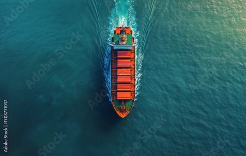 Container Ship Navigating Through Clear Blue Waters in Bright Sunlight.