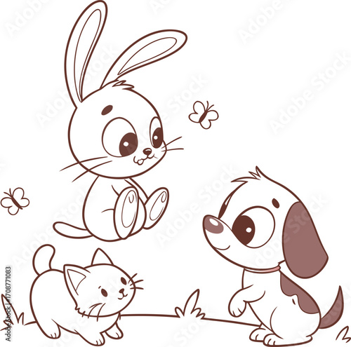 A fun and cute cartoon Easter bunny with big pink ears, a fluffy tail, and a baby rabbit happily holds a carrot and colored eggs