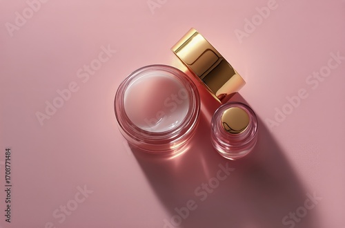 Clear Cosmetic Jar on a Soft Pink Background With Golden Lid and Natural Light.