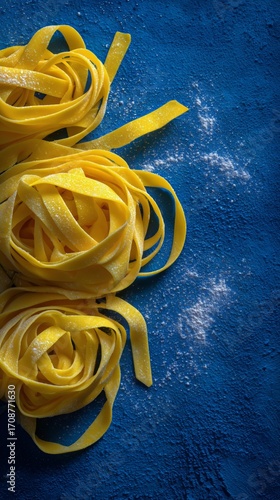 Yellow Ribbons Arranged Neatly on a Blue Surface Create a Vibrant Visual Cont...