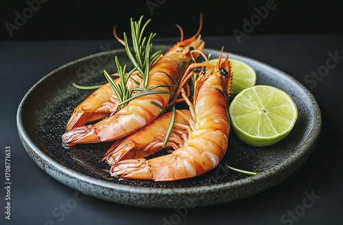 Grilled Shrimp Served With Fresh Lime and Rosemary on a Black Plate.