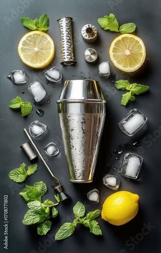 Fresh Cocktail Preparation With Lemons, Mint Leaves, and a Cocktail Shaker on...