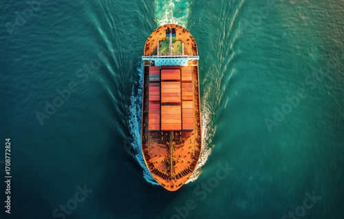 Large Cargo Ship Traveling Through Deep Blue Waters Under Clear Sky.