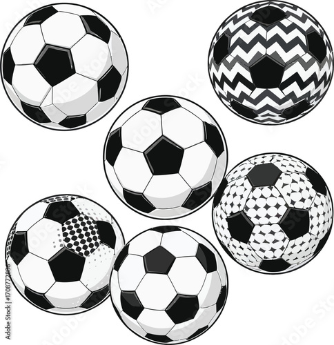 Collection of five diverse soccer balls with traditional and patterned designs arranged in a dynamic composition