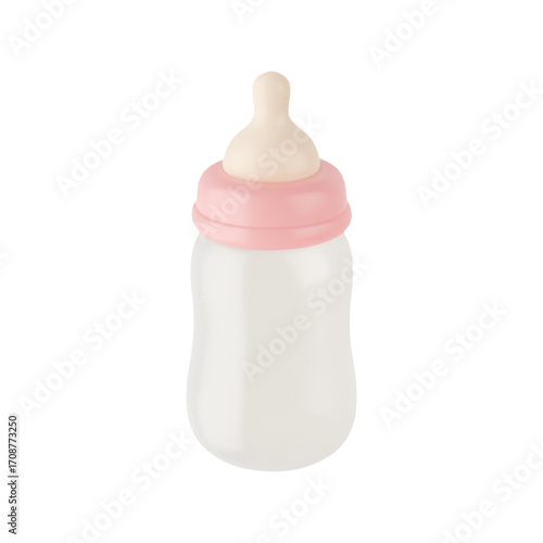 Baby bottle with pink ring and beige nipple isolated on transparent background
