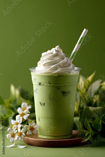 Refreshing iced matcha latte with whipped cream and straw, surrounded by greenery