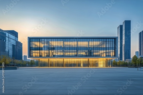 Modern Architecture Stands out Against a Clear Sky in a Cityscape During Late...