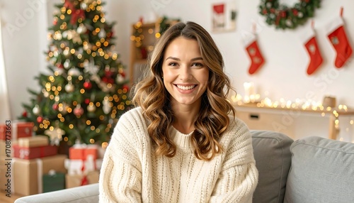 A woman smiles at the camera in a festive room, adorned with a decorated tree, gifts, and stockings. Warm lighting creates a cozy atmosphere