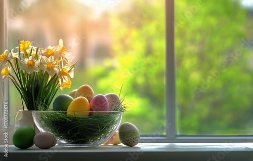 Colorful Easter Eggs and Bright Flowers by the Window During Spring Morning.