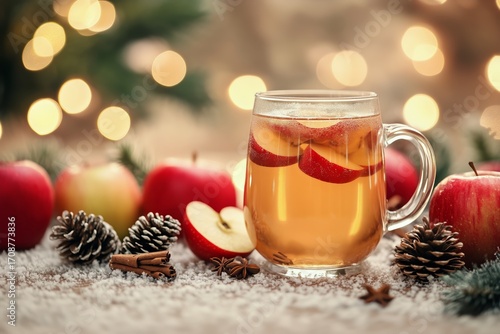 Warm Apple Drink Surrounded by Festive Decorations and Winter Elements