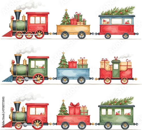 Whimsical watercolor christmas trains carrying festive gifts and decorated pine trees for holiday celebrations