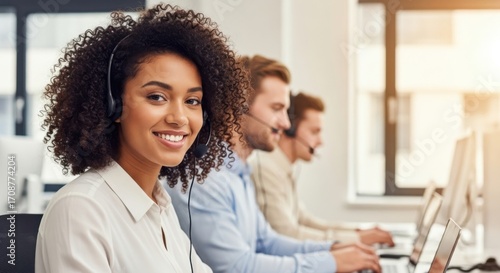 A smiling woman with curly hair, wearing a headset, looks directly at the camera while working in a call center