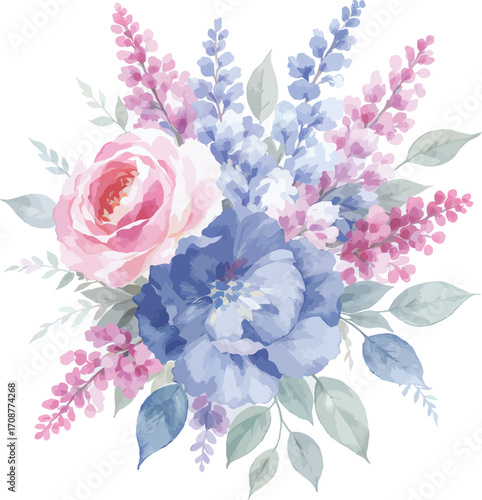 Soft watercolor floral arrangement with pink rose blue hydrangea and lavender sprigs