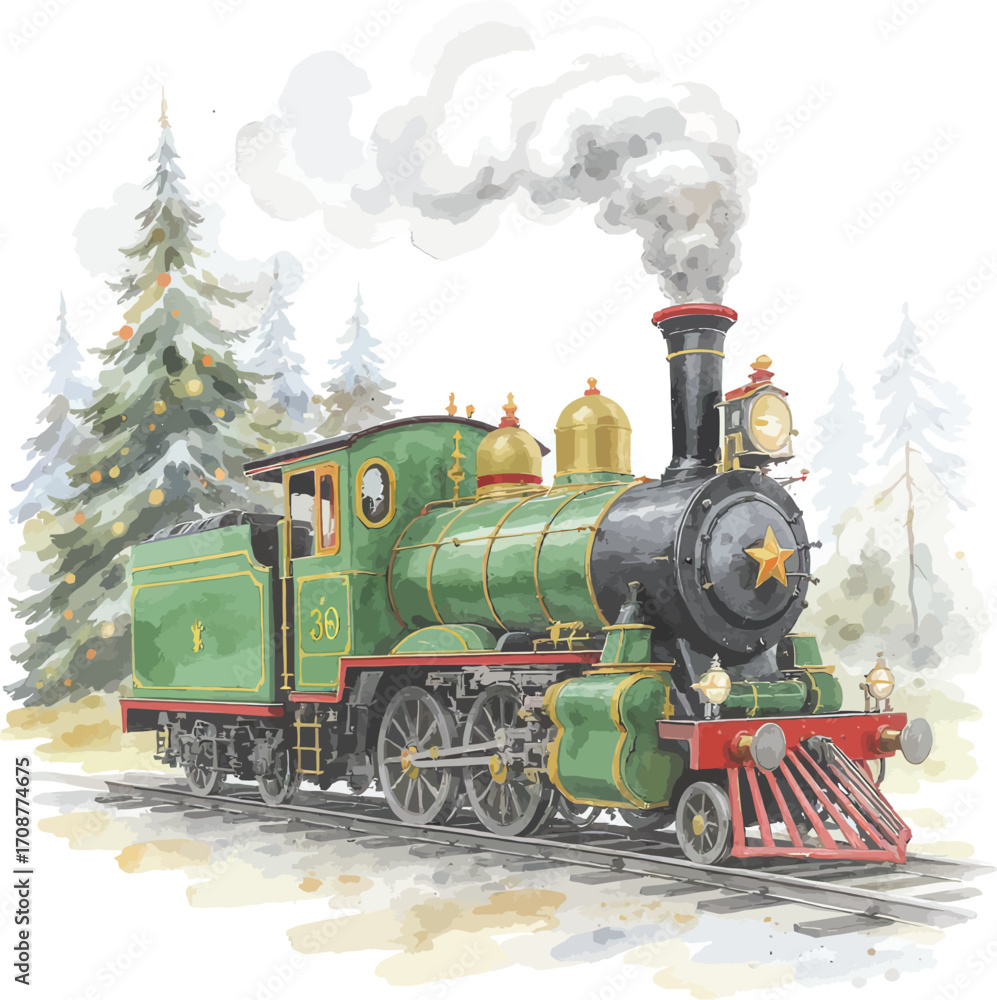 Naklejka premium Vintage green steam locomotive chugging through a snowy forest with billowing smoke