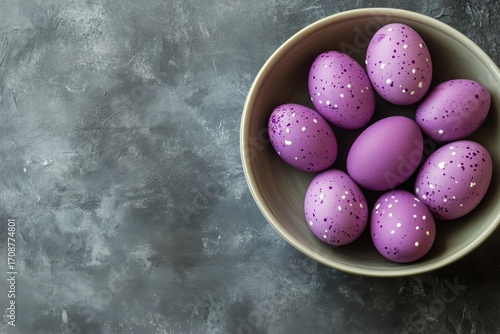 Colorful Purple Eggs in a Bowl Ready for Decoration During Spring Celebrations.