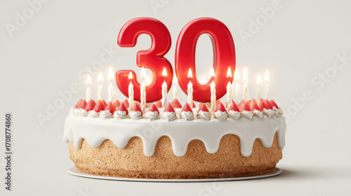 Celebration of the Thirtieth: A delectable cake, adorned with vibrant candles, celebrates a momentous occasion, featuring the bold numeral 30 that signifies a milestone of jubilation. 