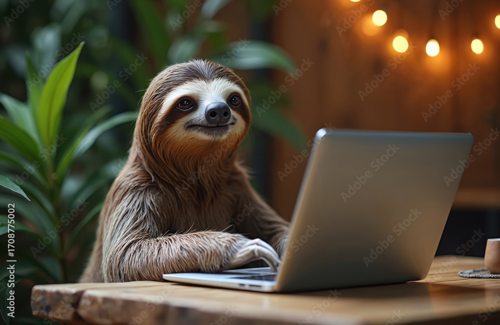 Naklejka premium Humorous sloth leans on wooden desk with laptop, looking tired yet determined. Represents slow productivity, work-life balance. Cosy indoor setting with warm lights, plants. Funny, adorable animal at