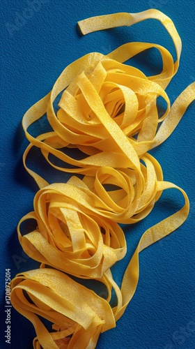 Yellow Ribbons Arranged Neatly on a Blue Surface Create a Vibrant Visual Cont...