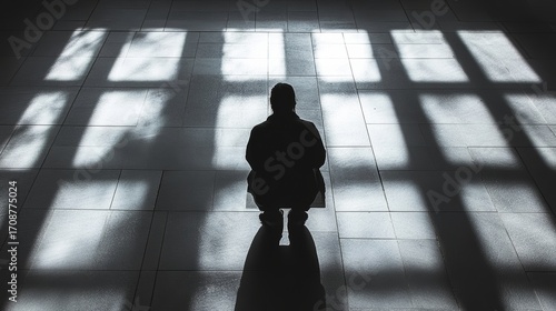 Overhead view of a solitary figure on a bench in a vast concrete plaza under harsh grid-like shadows