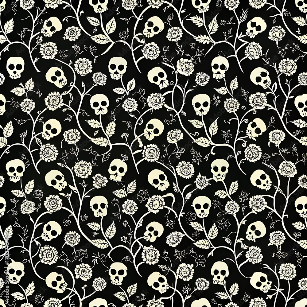 Skull floral seamless pattern. Climbing curly rose and thorn. Fabric black and white flower background, vector. Gothic, Day of Dead, halloween holiday. Dia de muertos texture. Cute funny death's head Skull floral seamless pattern. Climbing curly rose and thorn. Fabric black and white flower background, vector. Gothic, Day of Dead, halloween holiday. Dia de muertos texture. Cute funny death's head