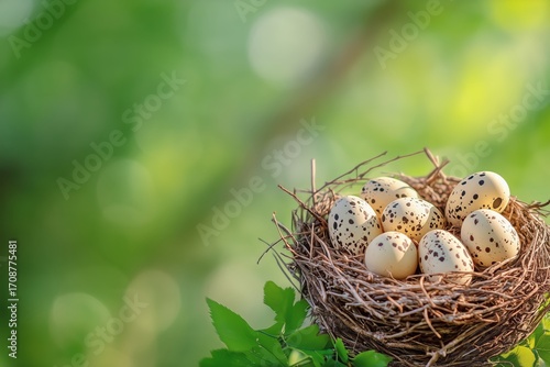 Nest Filled With Speckled Eggs in a Serene Outdoor Setting During Springtime