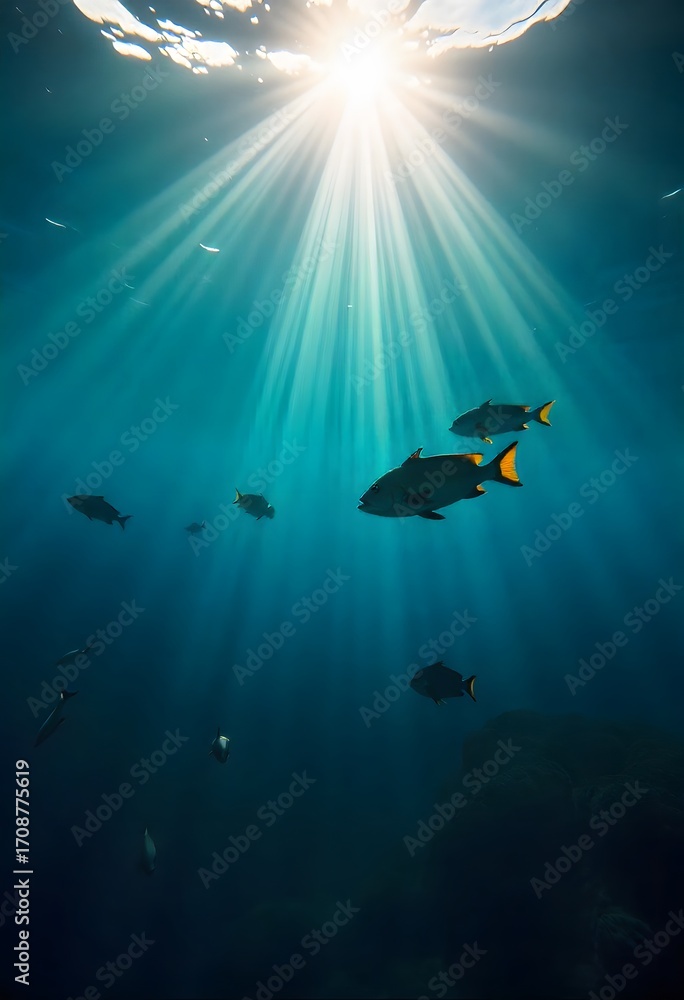 Fototapeta premium Sunlight streams through ocean depths illuminating fish swimming in clear blue water