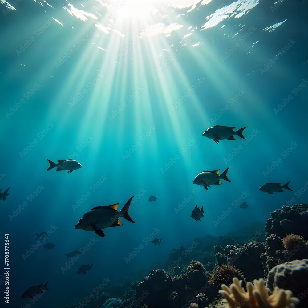 Obraz premium Sunlight beams through turquoise ocean water illuminating vibrant coral reef fish swimming